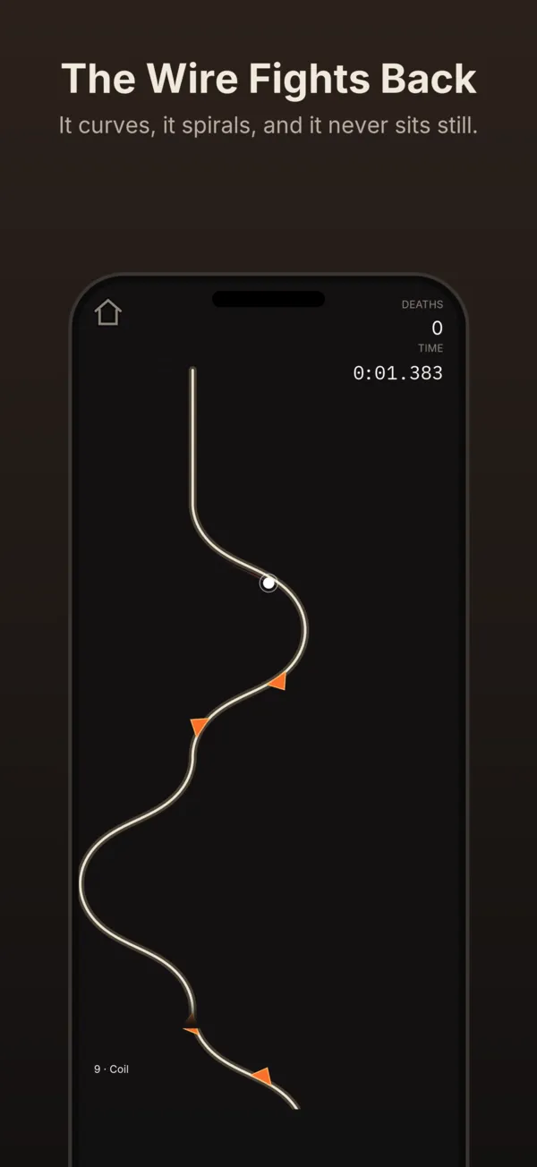 A phone under the heading The Wire Fights Back — the wire bends into a tight hook with the dot on the turn and spikes along it, then swings back across the screen further down.