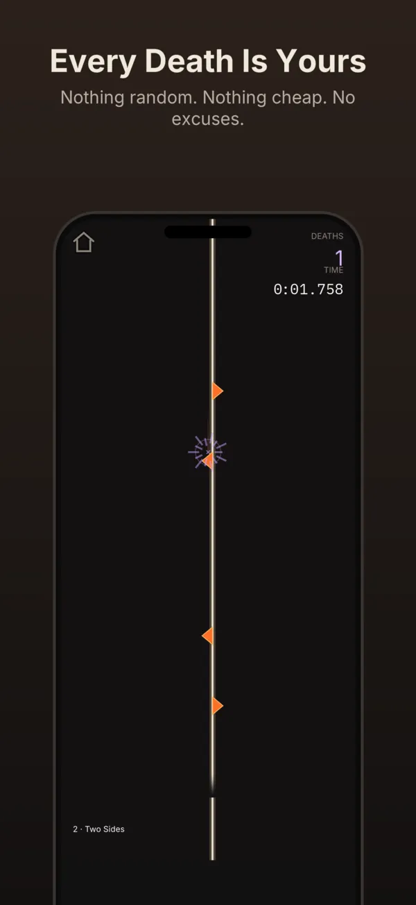 A phone under the heading Every Death Is Yours, with the note: nothing random, nothing cheap, no excuses. A straight wire runs the height of the screen with a burst of lines where the dot has just hit a spike, and the death counter reads 1.